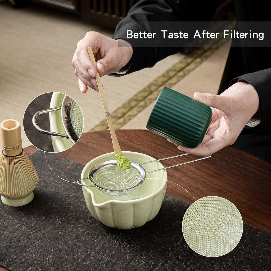 Skiennix Matcha Whisk Set - Complete 5-Piece Kit with Ceramic Bowl, Bamboo Whisk & Accessories | Mottled Green