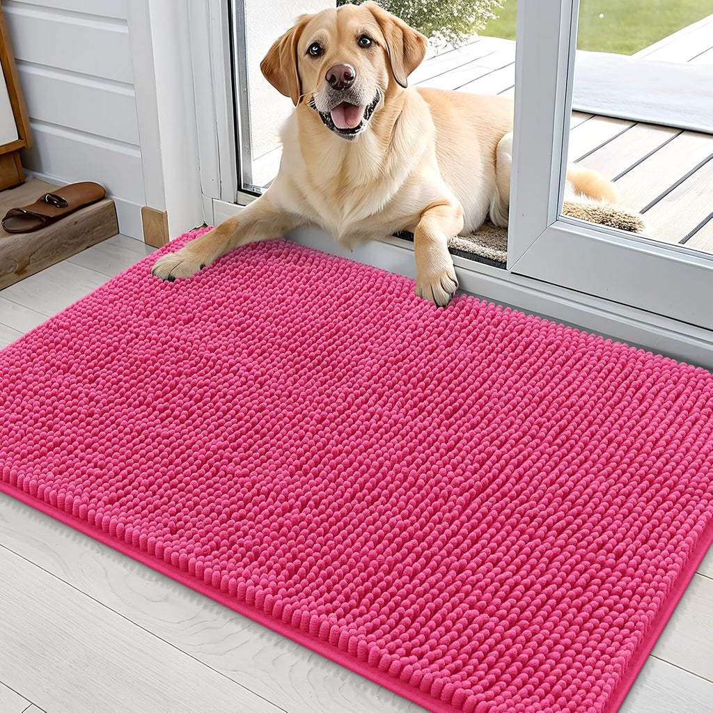 OLANLY Dog Door Mat - Absorbent Non-Slip Mud Mat for Dogs | Quick Dry Chenille, 36x24, Hot Pink
