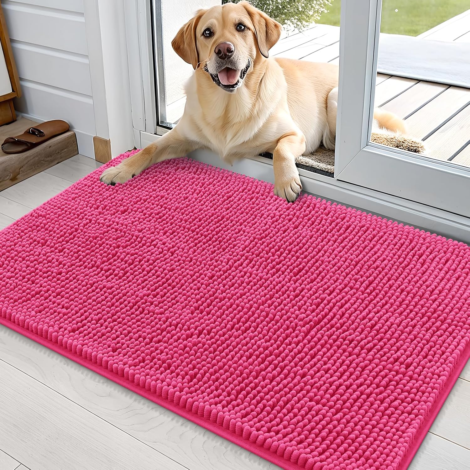 OLANLY Dog Door Mat - Absorbent Non-Slip Mud Mat for Dogs | Quick Dry Chenille, 36x24, Hot Pink