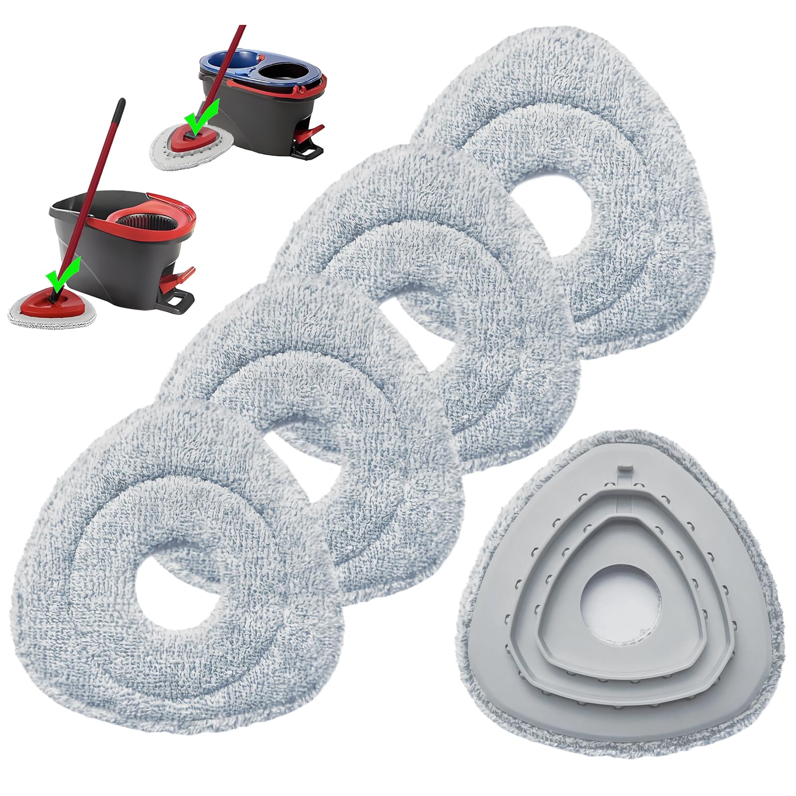 Flat Mop Head Replacements for Ocedar, Microfiber Mopping Head Refill for O-Cedar EasyWring and RinseClean Sys, 4 Pack Flat Spin Mop Pads & 1 Plastic Pad for Cleaning Floor, Wall, Ceiling