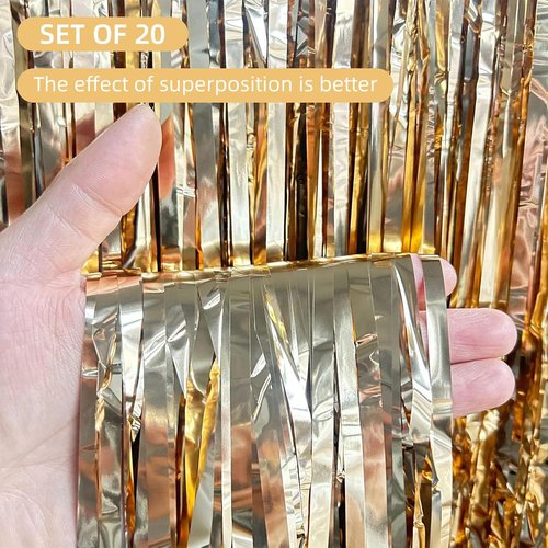 Champagne Gold Foil Curtain Backdrop - 20 Pack 3.2ft x 8.2ft Metallic Tinsel Streamers for Party Decor