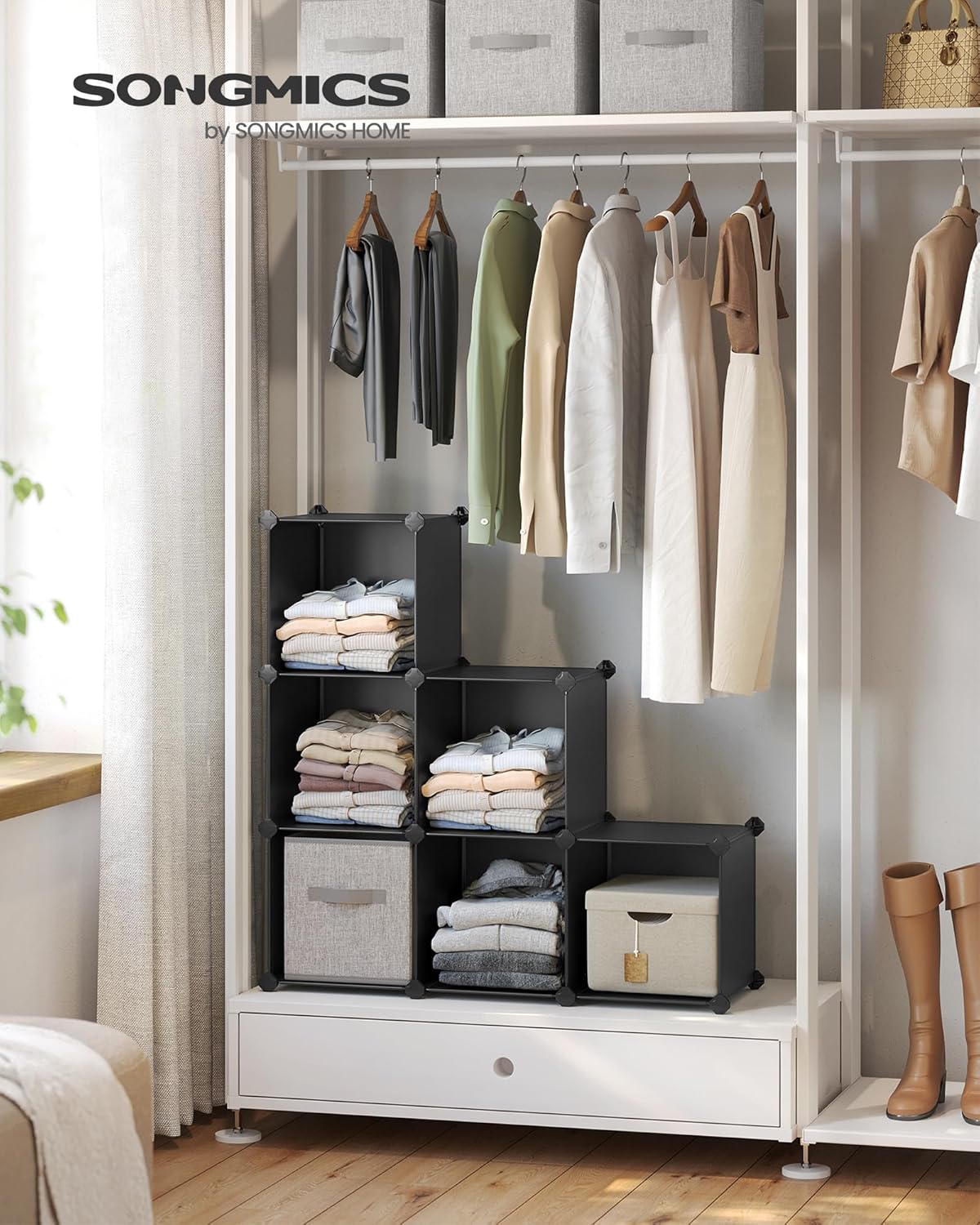 SONGMICS 6 Cube Storage Organizer - Modular Bookshelf & DIY Closet Solution | Black, 11.8" Cubes