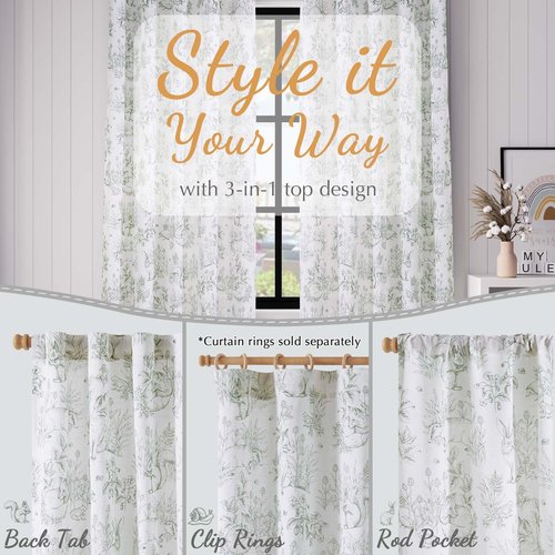 Vangao Easter Sage Green Nursery Curtains for Kids Room Linen Curtains 72 Inch Long Farmhouse Drapes with Bunny Woodland Wildlife Print Light Filtering French Country Forest 2 Panels