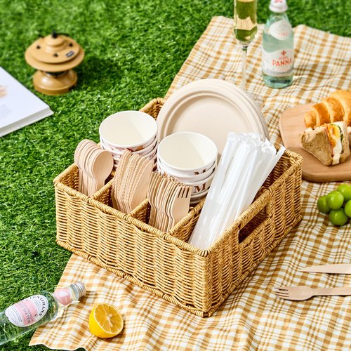 Berdeng Utensil Holder for Party, Paper Plate Dispenser for Countertop, Silverware Caddy for Picnic, Cutlery Holder for Kitchen Camping Buffet, Wicker Basket with 6 Compartments