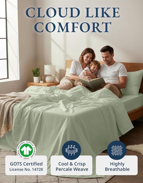 LANE LINEN 100% Organic Cotton Queen Sheet Set - Soft & Breathable Percale Weave, Deep Pocket - Mineral Color