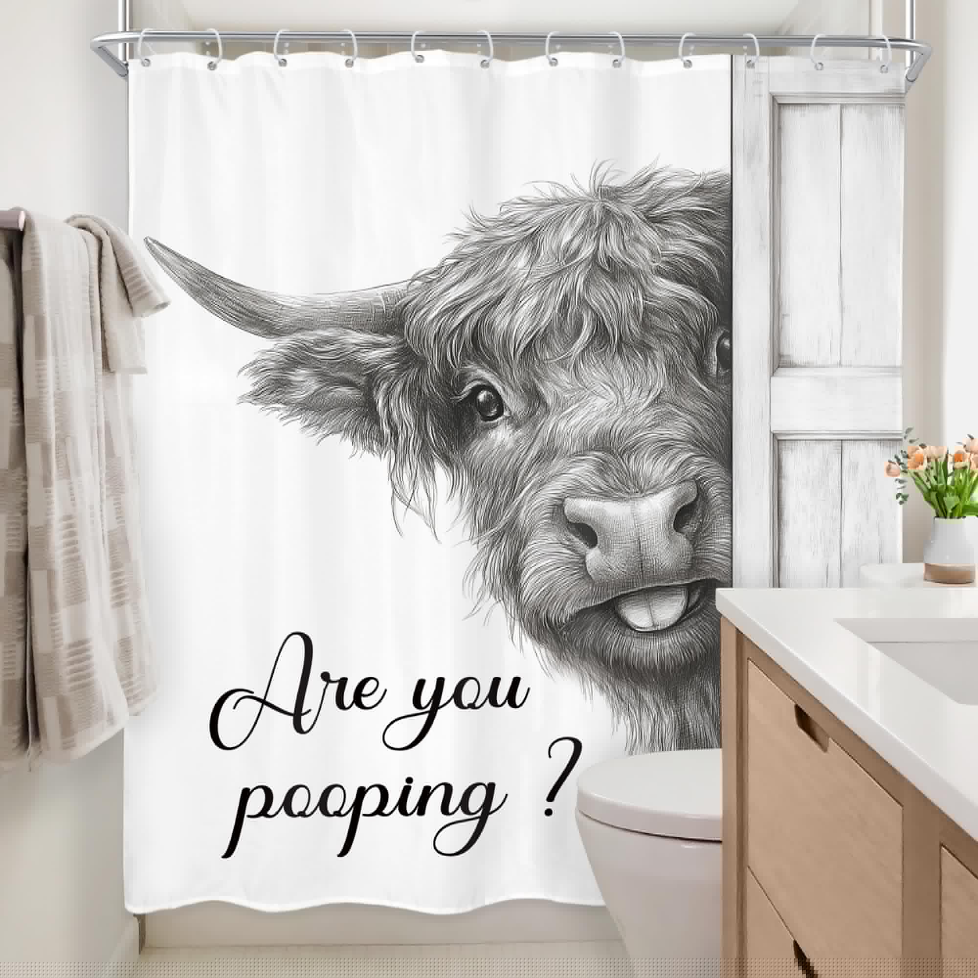 Newsely Funny Highland Cow Shower Curtain 60Wx72L Inch Black and White Rustic Farmhouse Wooden Door Bathroom Set Humorous are You Pooping Waterproof Bath Decoration Accessories Home Decor