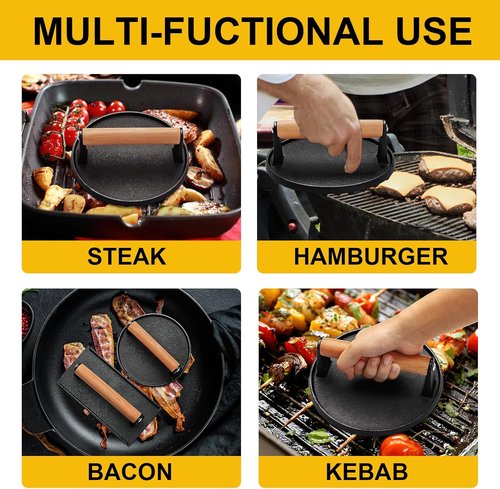 AIVIKI Burger Press - Heavy Duty Cast Iron Smash Burger Press | Round 6.9In & Rectangular 8.2x4.2In