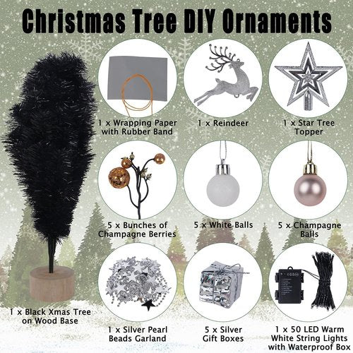 Juegoal 24-Inch Black Mini Christmas Tree - Lighted Tabletop Artificial Pine with 50 LED Lights