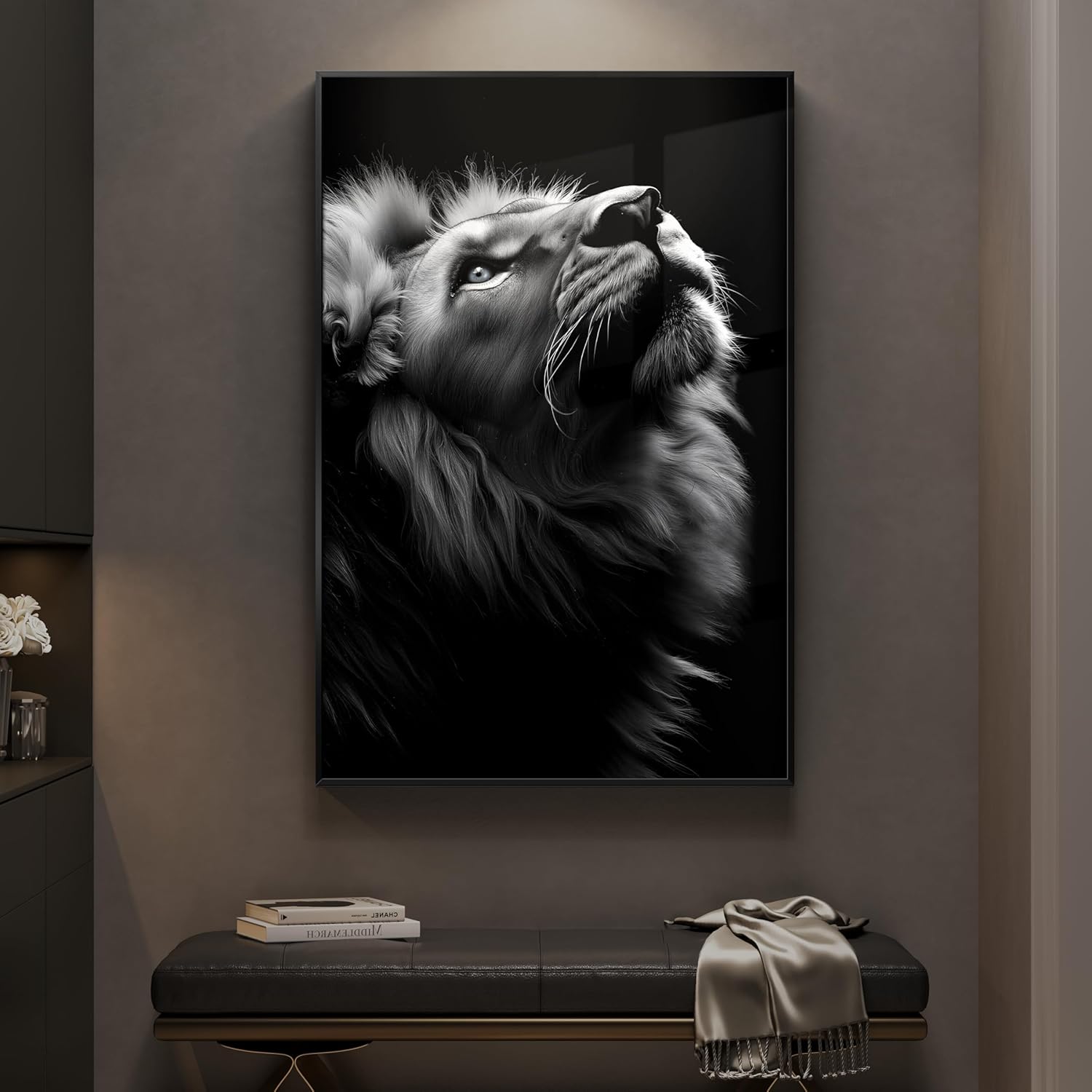 Modern Wall Art - Framed Black and Gray Lion Portrait by [Brand Name] | Minimalist 24x36 In Decor