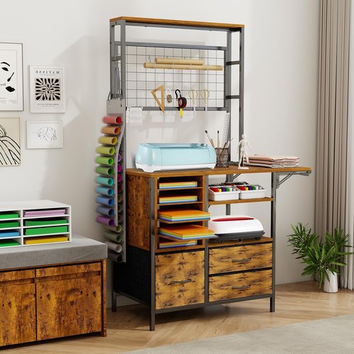 ARTETHYS Craft Organizer - Brown Storage Cabinet with Drawer & Fold-Out Desk for Craft Room