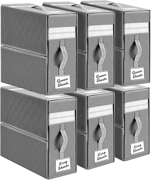 Homsorout Bed Sheet Organizers - Foldable Storage with Window & Labels | XL Grey Bedding Set, 6 Pack