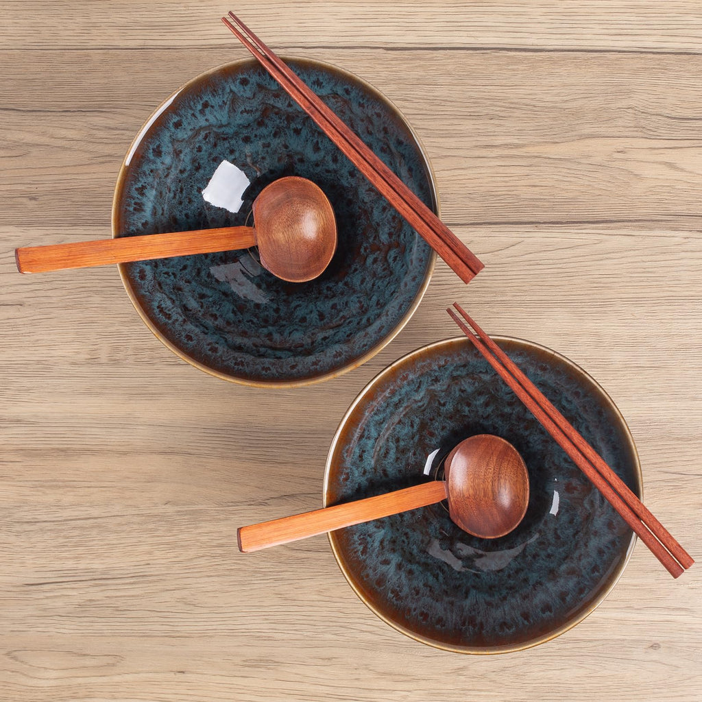Tacuhy 40oz Japanese Ceramic Ramen Bowl Set of 2 with Chopsticks and Spoons for Pho Udon Asian Soup Noodles (Peacock Tail)