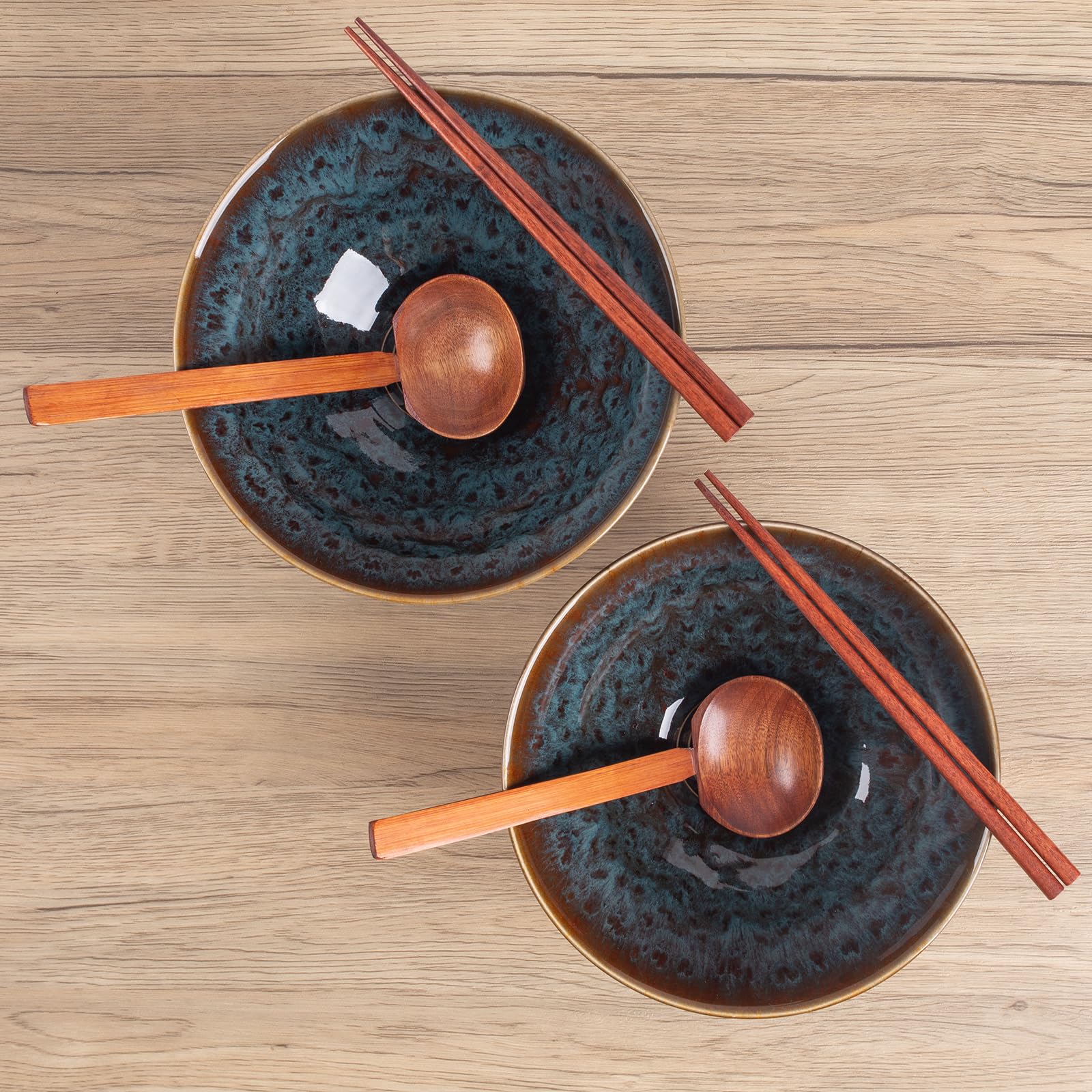 Tacuhy 40oz Japanese Ceramic Ramen Bowl Set of 2 with Chopsticks and Spoons for Pho Udon Asian Soup Noodles (Peacock Tail)