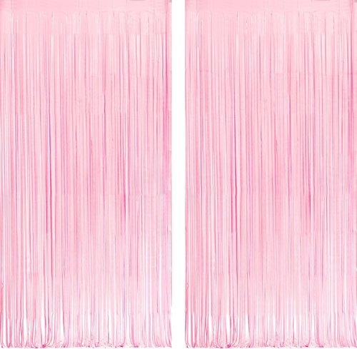 GREATRIL Pastel Pink Party Backdrop - Foil Fringe Streamers for Baby Showers & Celebrations | 3.2ft X 8.2ft - 2 Packs