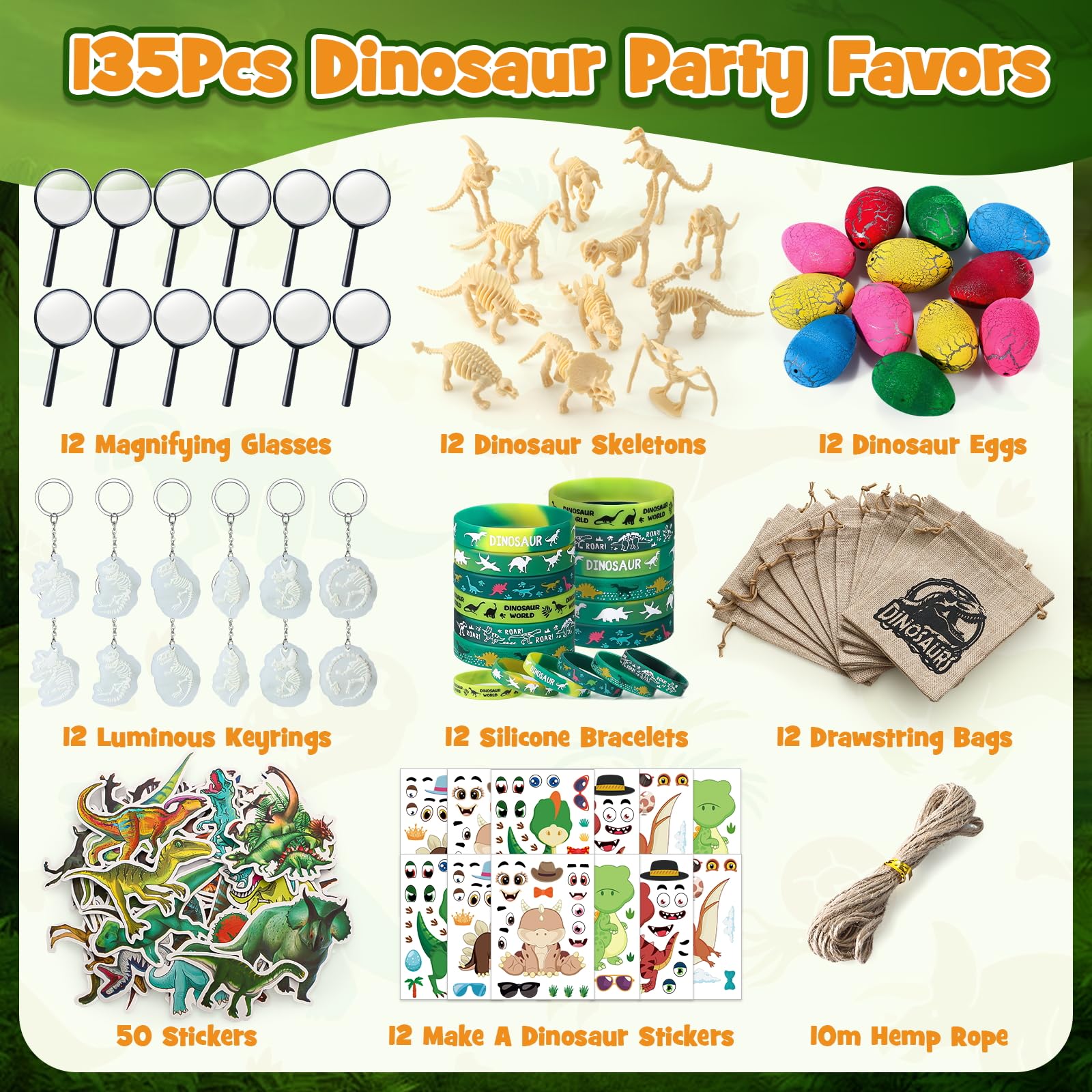 SNLN 12 Sets Dinosaur Party Favors for Kids Birthday, Magnifying Glasses Luminous Keyring Dino Egg Sticker Dino Party Supplies with Skeleton Toy Silicone Bracelet Gift Bag Dino Theme Stuffer Fillers