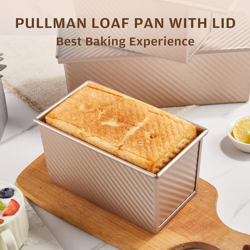 KITESSENSU Non-Stick Pullman Loaf Pan Set - 2 Pack with Lid, 1 lb Capacity, Gold Carbon Steel Bakeware