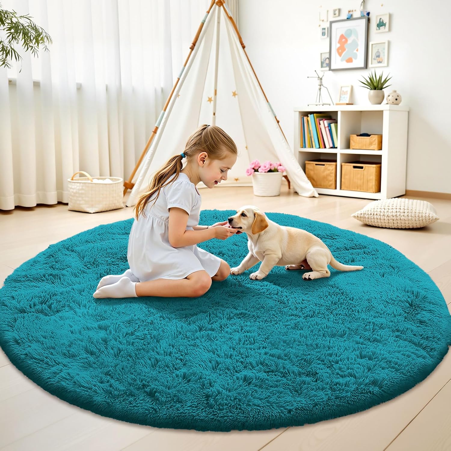 OLANLY Teal Round Area Rug - Soft, Fluffy, Machine Washable 5 ft Circle Carpet for Bedroom & Living Room