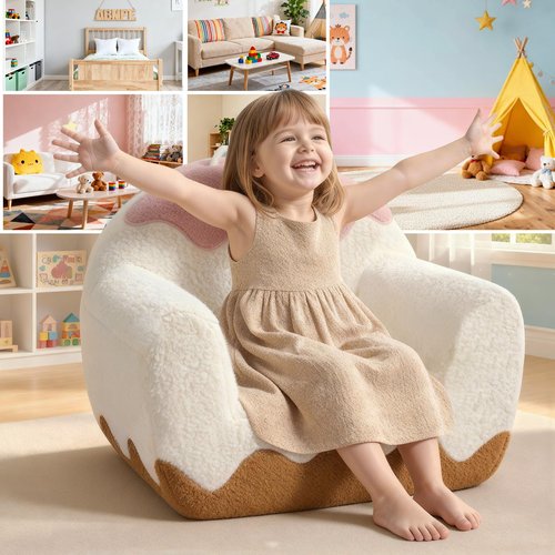 OUOZZZ Toddler Chair for Ages 1–6, Soft Sherpa Kids Sofa with Book Pocket & Carry Handle, Cozy Single-Seat Couch for Playroom or Bedroom, Birthday Gift for Girls (Ice Cream)