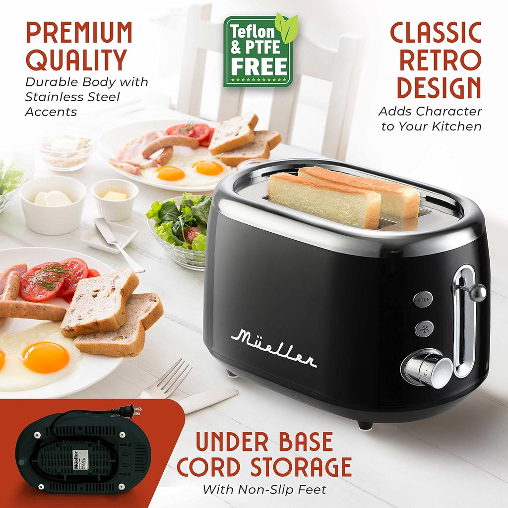 MUELLER HOME Retro Toaster - 2 Slice with 7 Browning Levels & 3 Functions | Stainless Steel, Black