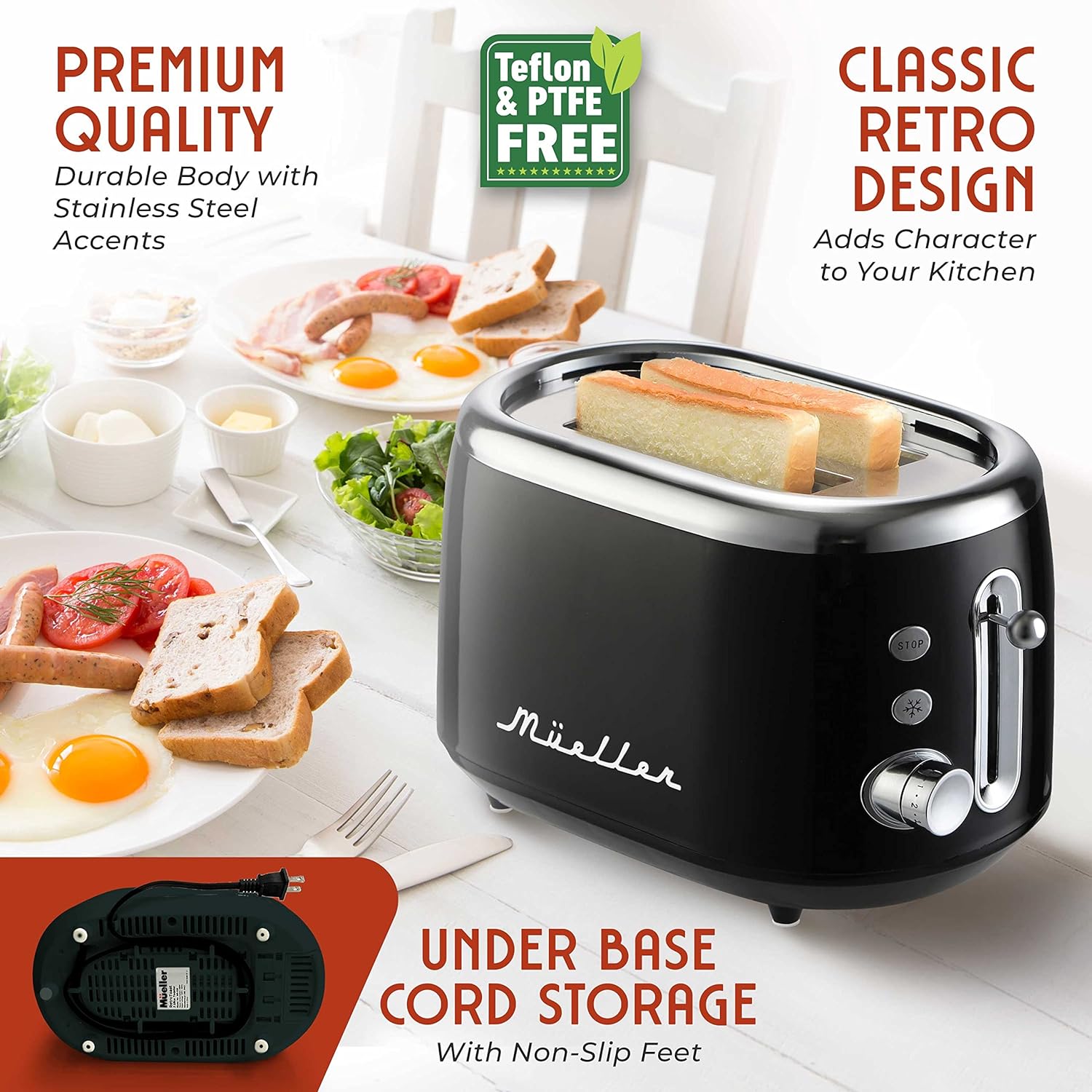 MUELLER HOME Retro Toaster - 2 Slice with 7 Browning Levels & 3 Functions | Stainless Steel, Black