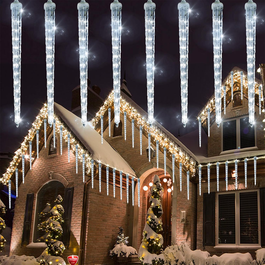 WATERGLIDE 16 Icicles Meteor Shower Lights - 12" Connectable Outdoor Christmas Lights | 384 SMD LED White Decor