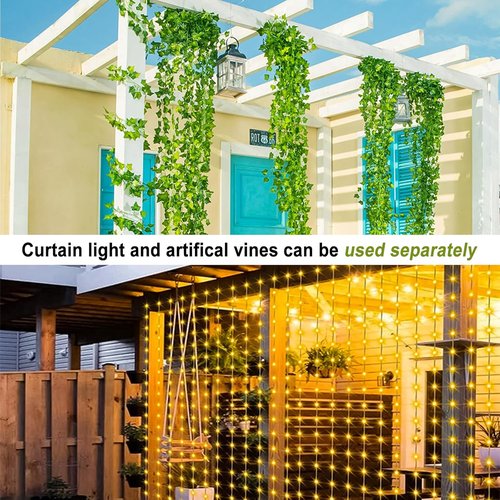 HXWEIYE Artificial Ivy Greenery Garland - 12 Pack with 200 LED Fairy String Lights | Perfect for Wedding & Garden Decor