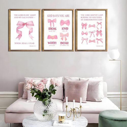 **JBZDD Christian Pink Bow Wall Art - Set of 3 Unframed Inspirational Bible Verse Prints | 12x16in for Girls' Room**