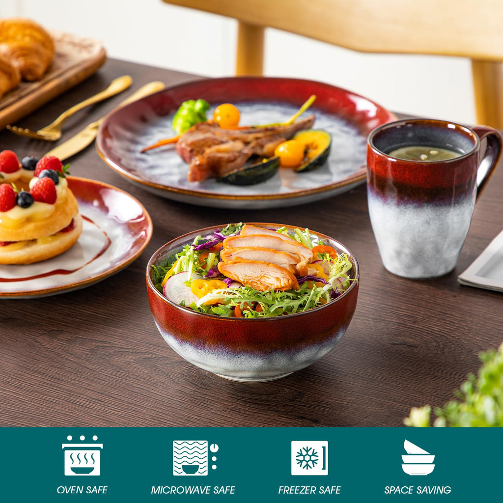 vancasso Starry 16 Pieces Dinnerware Set for 4, Handmade Reactive Glaze Stoneware Plates and Bowls Set, Dishes Set with Mugs for 4, Microwave & Dishwasher Safe, Red