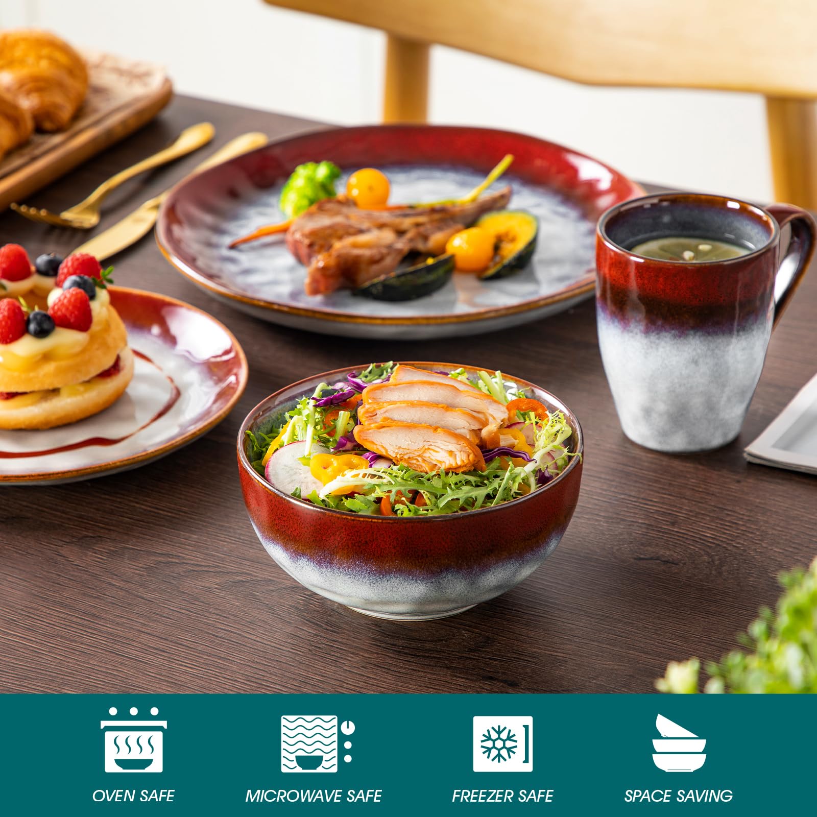 vancasso Starry 16 Pieces Dinnerware Set for 4, Handmade Reactive Glaze Stoneware Plates and Bowls Set, Dishes Set with Mugs for 4, Microwave & Dishwasher Safe, Red