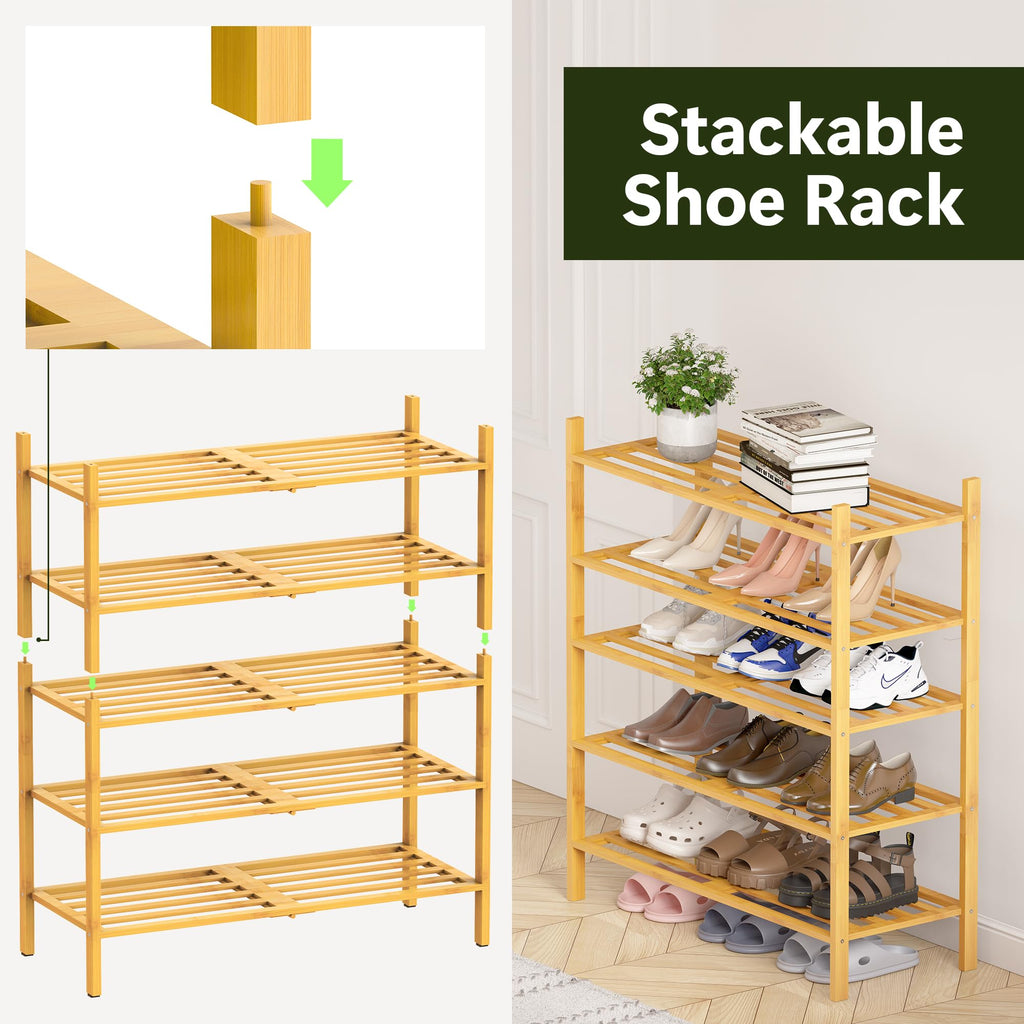 Toolola Bamboo Shoe Rack for Closet 3 Tier, Durable Wooden Shoe Rack, Space-Saving Stackable Shoe Organizer for Entryway, Dorm, Garage, Natural