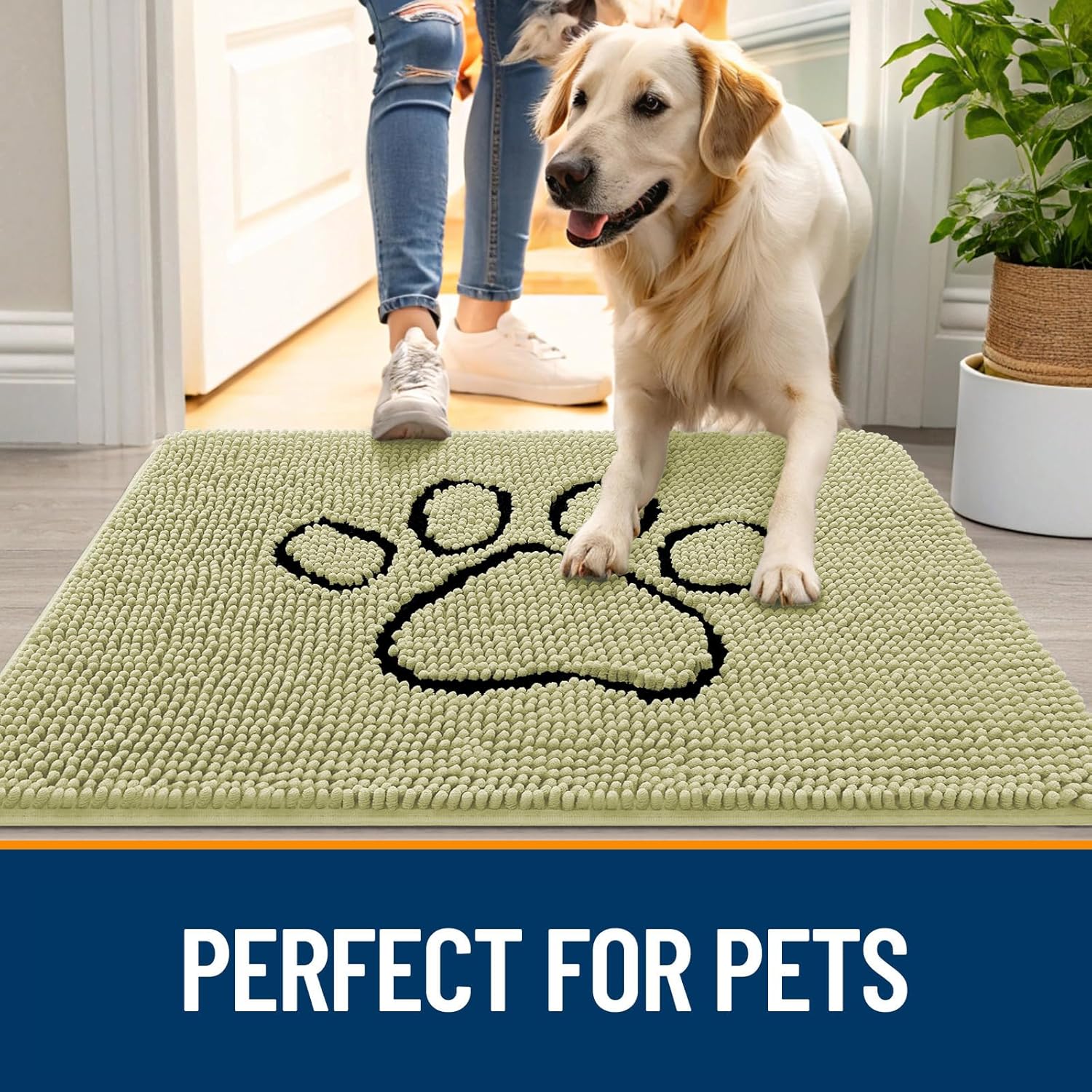 OLANLY Dog Door Mat - Absorbent Non-Slip Mud Mat for Muddy Paws | 48x30 Paw Print Design in Vanilla
