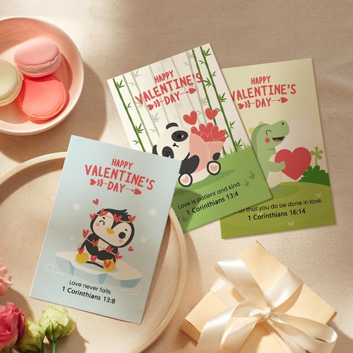 24 Assorted Religious Valentine's Day Card Set, Bible Verse Valentines Cards with Envelopes and Stickers, Animal Christian Valentines Day Card Bulk for Kids School, 4 x 6 In(6 Designs, 4 Each)
