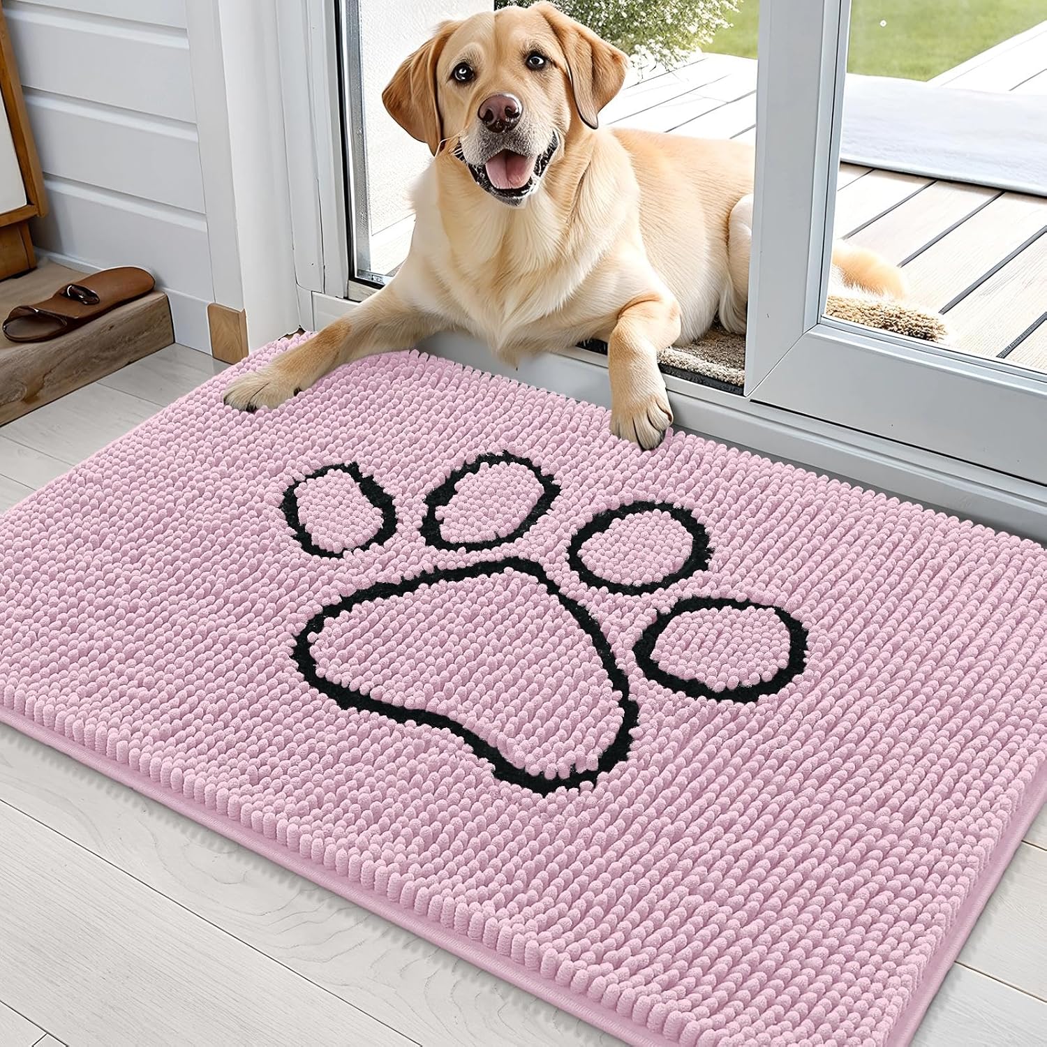 OLANLY Dog Door Mat - Muddy Paws Absorbent Chenille Doormat | Non-Slip, Quick Dry, 36x24, Dusty Rose