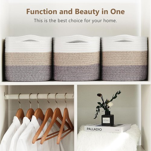 ECDYQXVU Cotton Rope Storage Basket - Woven Organizer for Shelves, Clothes, Towels | 15x10x9 Inches, White Brown