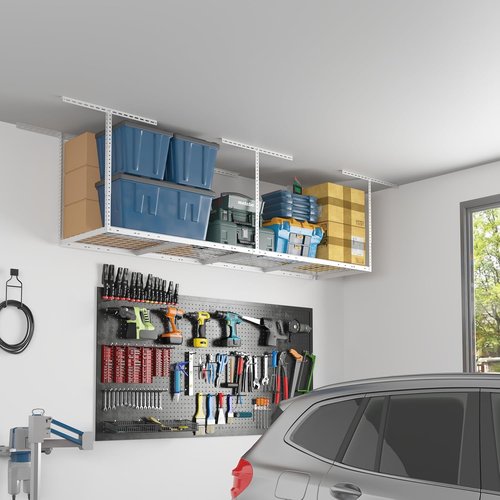 FLEXIMOUNTS Overhead Garage Storage Rack - Adjustable Heavy-Duty Metal System | 400lbs Capacity, White