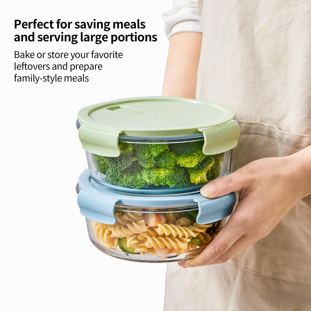 Wancilock 8 Pcs Round Glass Containers with Lids Airtight 4 Cup Glass Storage Containers Set Meal Prep Containers for Soup Leftover Microwave, Dishwasher, and Freezer Safe(4 Sets