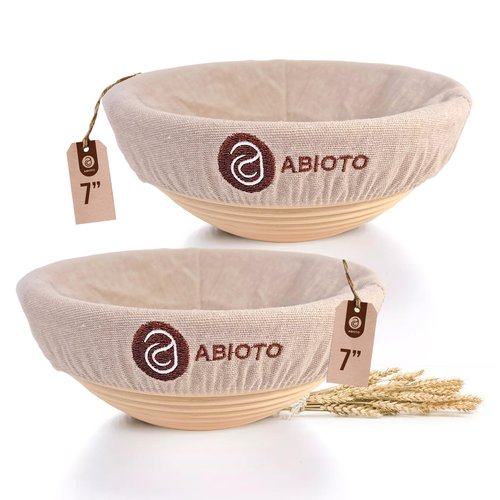 ABIOTO Bread Proofing Baskets for Sourdough Bread Baking - Set of 2 7" Round Banneton Baskets with Liners, Made of Finest Indonesian Rattan - Bake Perfect Artisan Bread Loaves at Home Like a Pro