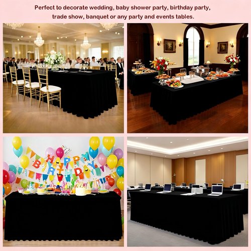 PWDAN 5 Pack Spandex Table Cloths for 6 Foot Rectangle Tables, Wrinkle Free Black Fitted Table Covers 6 Ft Stretch Polyester Tablecloths with Skirt for Party Banquet Wedding Birthday Christmas
