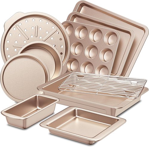 HONGBAKE 10-Piece Nonstick Bakeware Set - Versatile Kitchen Pans with Wider Grips | Champagne Gold