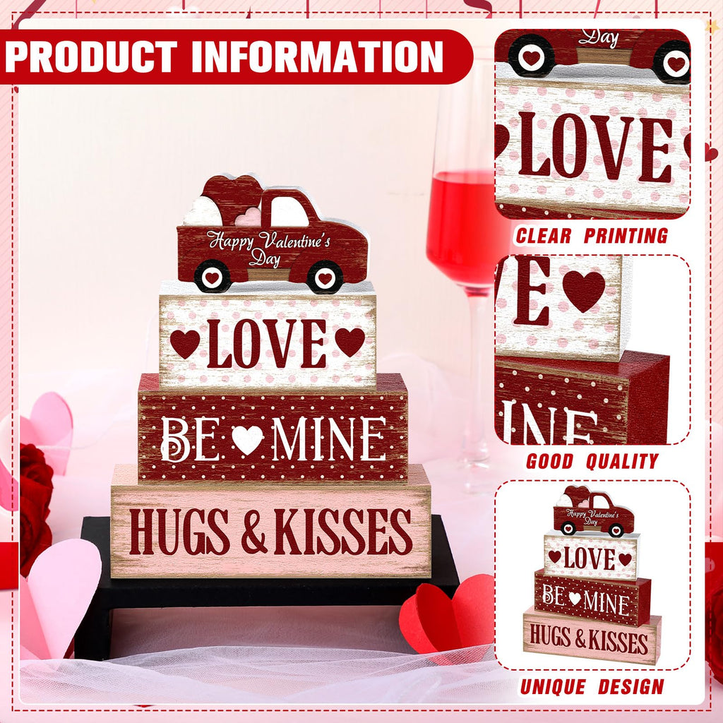 Marsui 4 Pcs Valentine's Day Decorations Truck Wooden Signs Rustic Distressed Table Decor Valentines Centerpieces Blocks Farmhouse Tiered Tray Decor Happy Valentine Day Decorations for Home Desk Shelf
