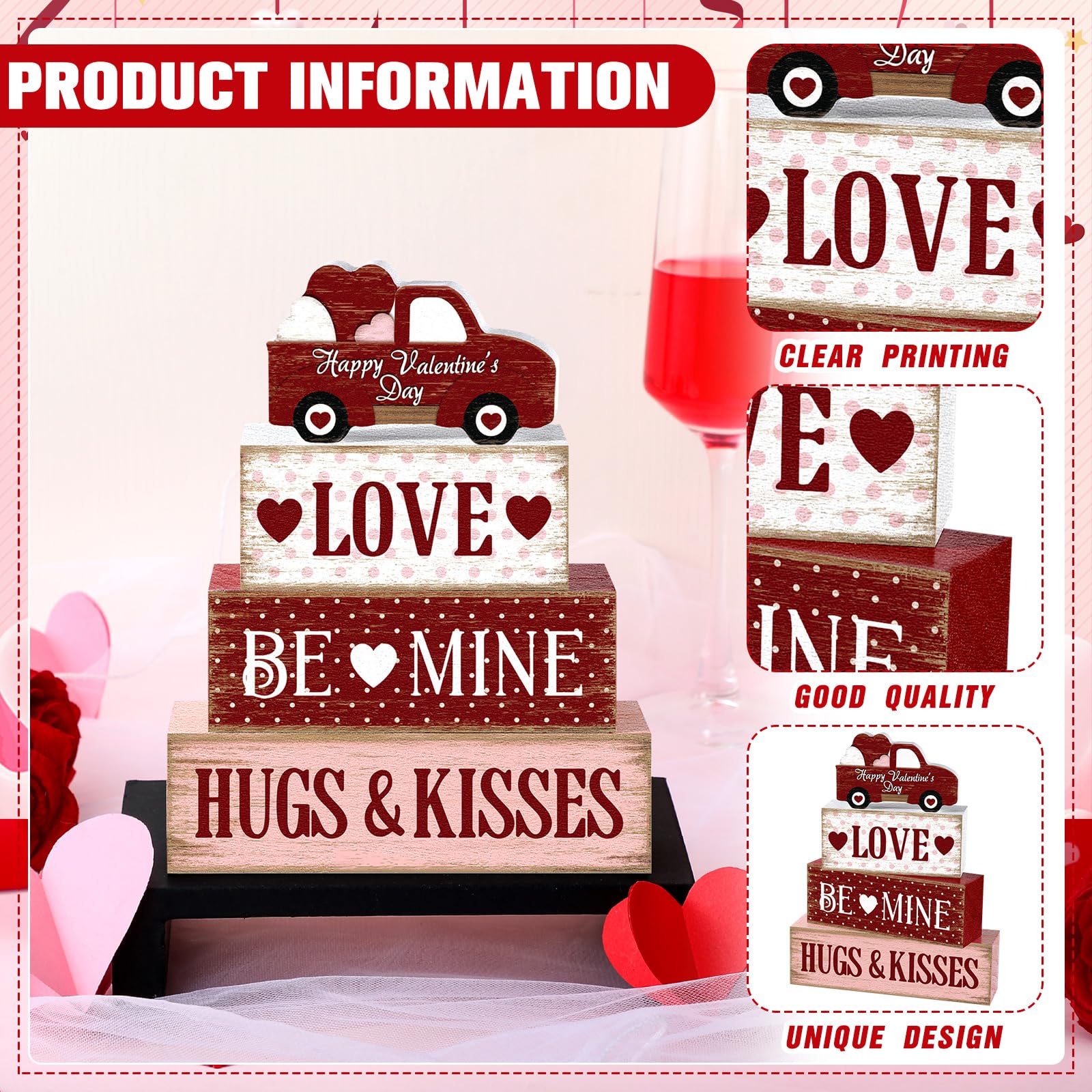 Marsui 4 Pcs Valentine's Day Decorations Truck Wooden Signs Rustic Distressed Table Decor Valentines Centerpieces Blocks Farmhouse Tiered Tray Decor Happy Valentine Day Decorations for Home Desk Shelf
