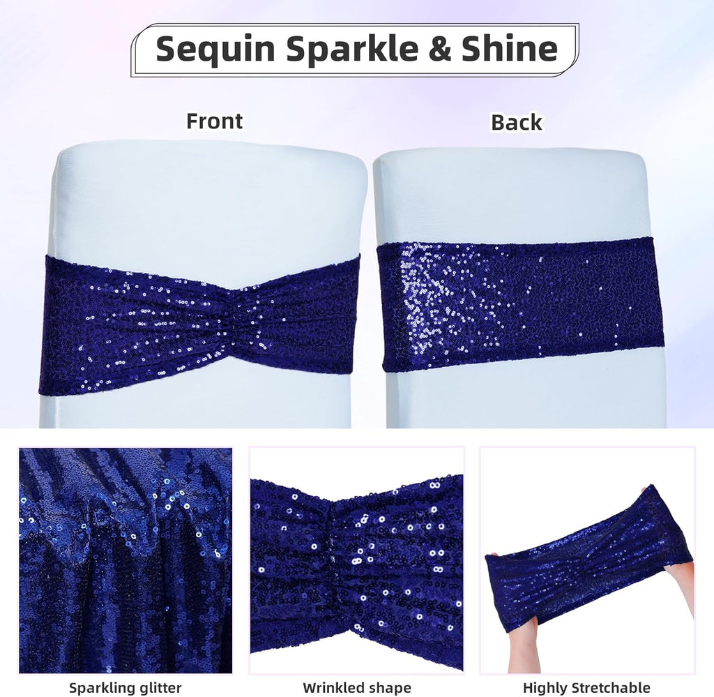 Poise3EHome Navy Blue Sequin Chair Sashes - Elegant Folding Chair Covers for Weddings | 50 PCS