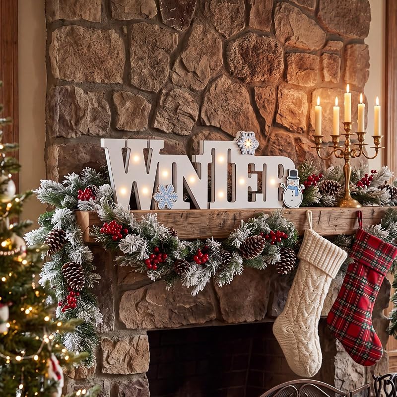 Wooden Winter Sign Lighted Tabletop Decor - White LED Centerpiece (White+Winter)