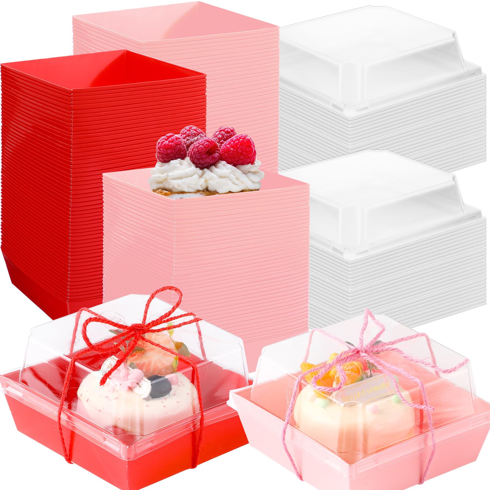 Layhit 300 Pack Mothers Day Charcuterie Boxes with Clear Lids and Rope 4" Disposable Square Dessert Boxes Pink Red Food Box Charcuterie Container for Wedding Party Favors