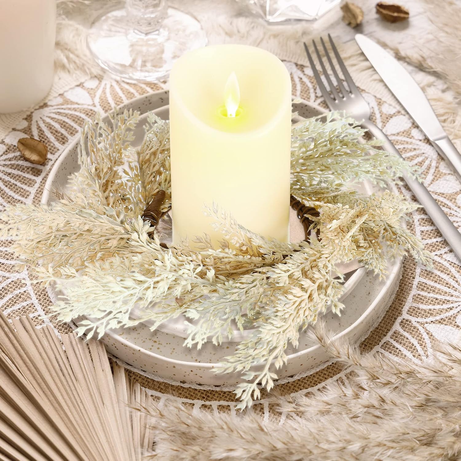 Panelee Pampas Grass Candle Rings - 4 Pcs Faux Greenery Wreaths for Boho Home Decor | 3.9 Inch Size