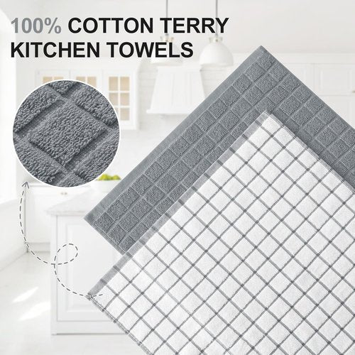 Homaxy Premium Cotton Kitchen Towels - Super Absorbent 390 GSM Dish Towels | 16"x28", Grey Check, 6 Pack