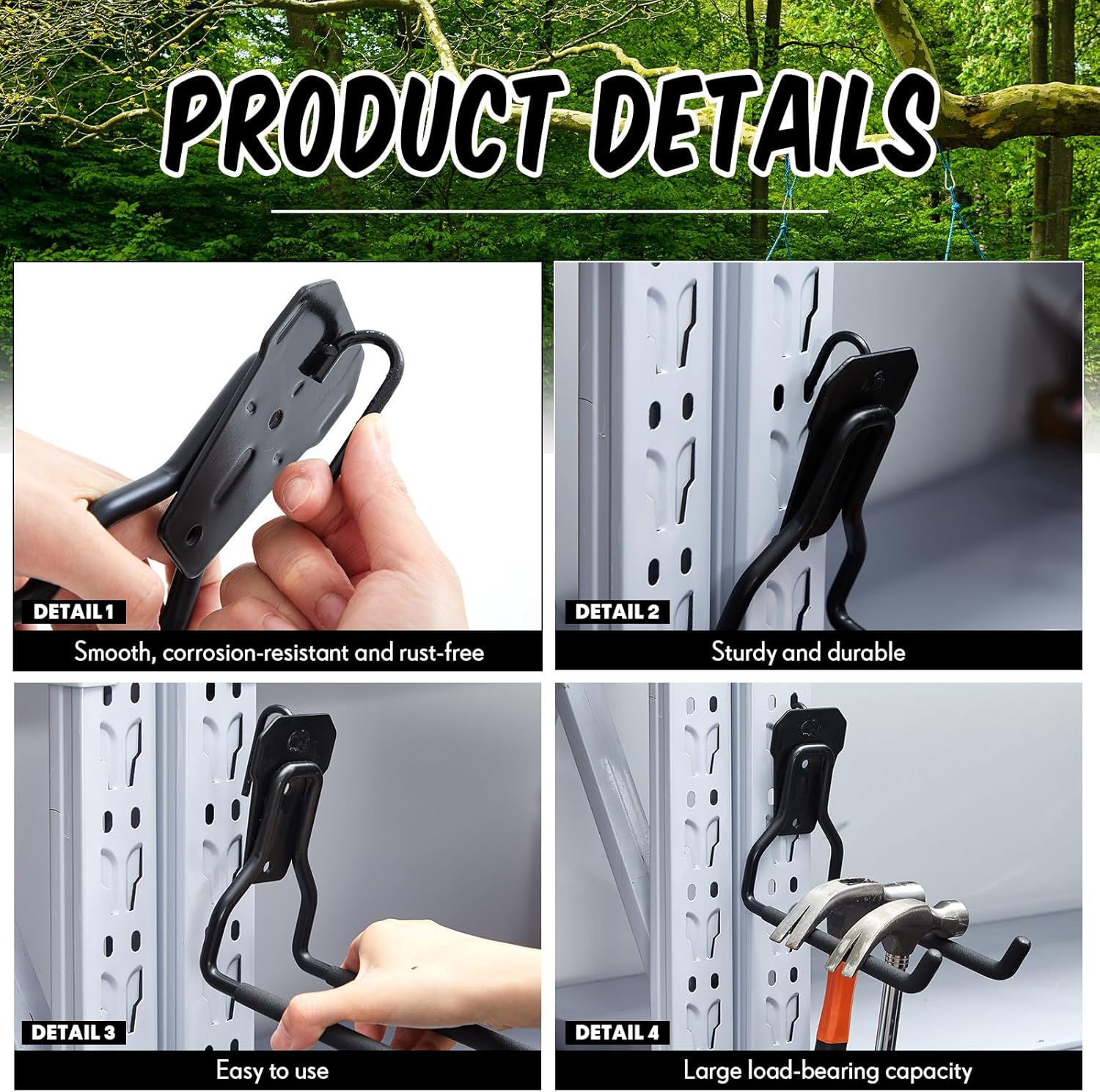 MorningRo Shed Hooks - Multi-Purpose Metal Tool Holder for Large & Small Tools | Black (2 Pack)