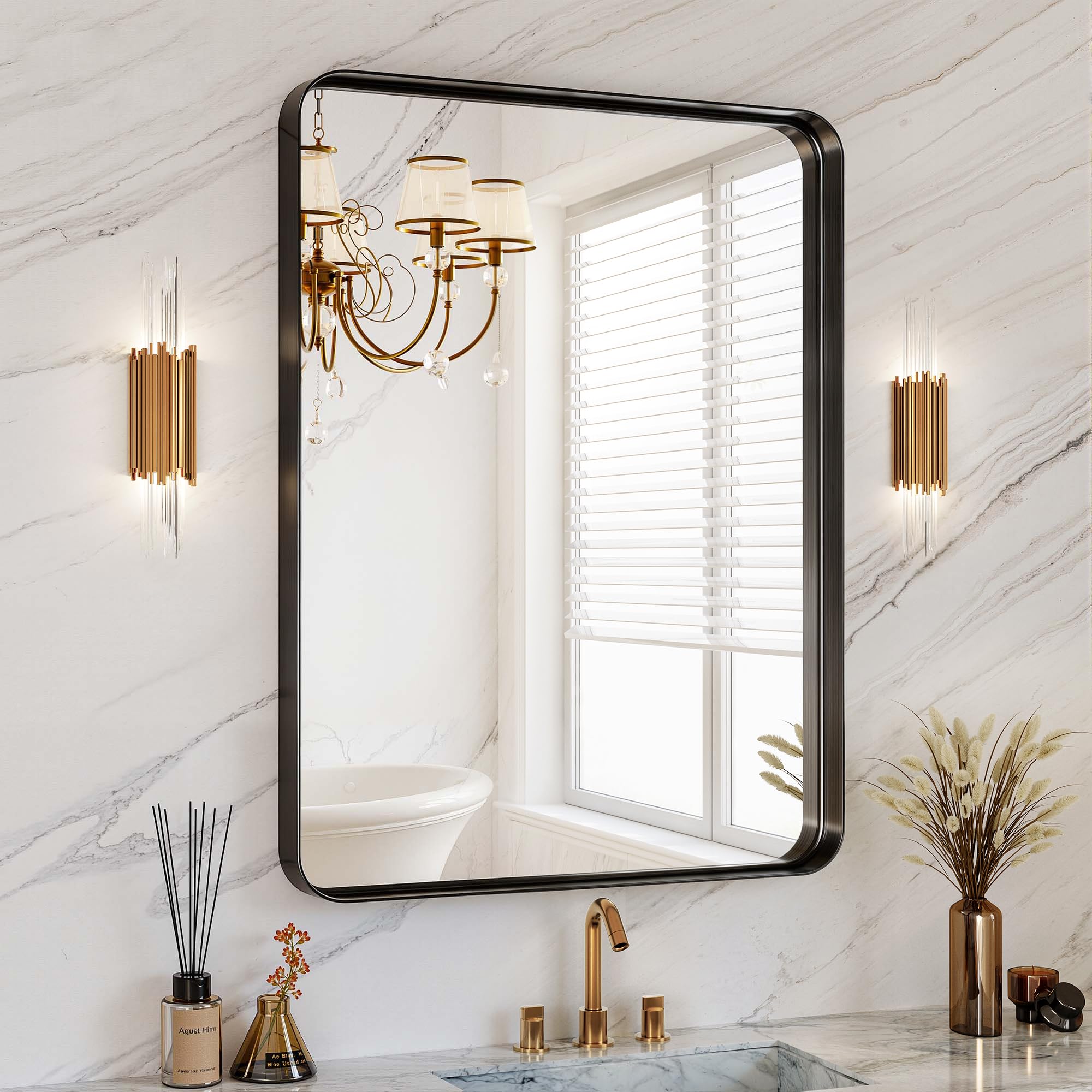 30x36 Inch Black Metal Framed Bathroom Mirror for Wall, HD Tempered Glass, Vanity Mirror for Over Sink, Anti-Rust Aluminum Alloy Mirror, Farmhouse, Horizontally or Vertically Hanging