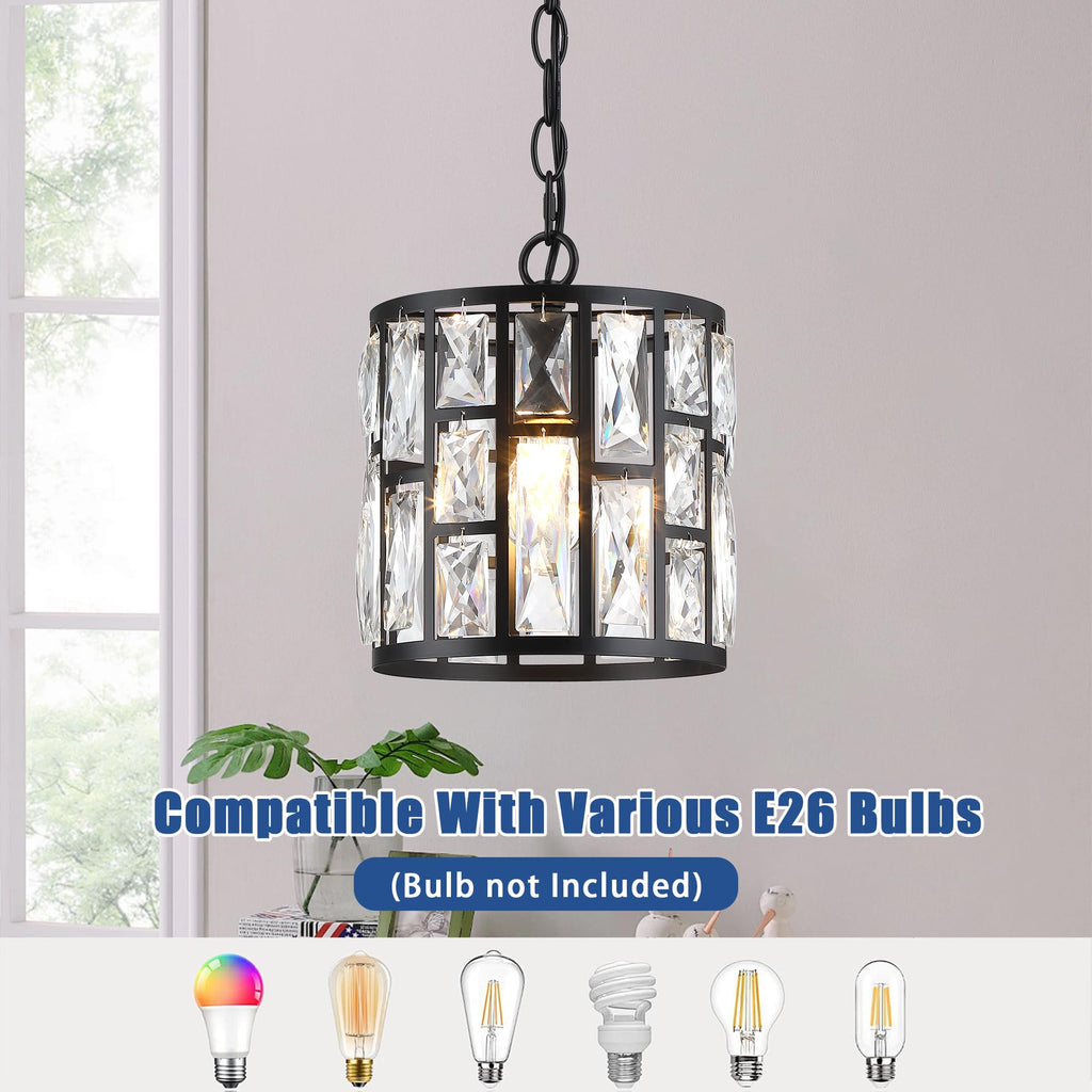 MEXO Modern Crystal Pendant Light,Black Chandelier Light Fixture, Cylinder Adjustable Height Pendant Lights for Kitchen,Dining Room,Living Room,Foyer,Hallway
