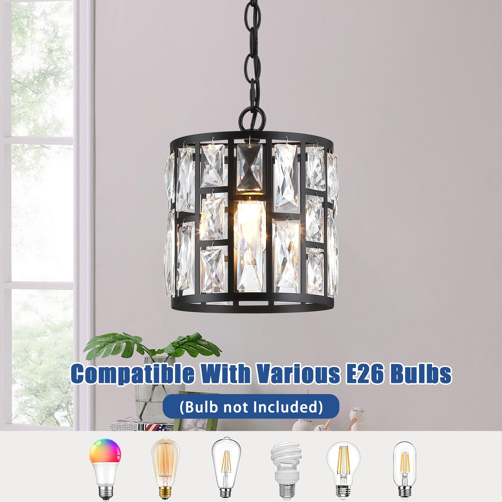 MEXO Modern Crystal Pendant Light,Black Chandelier Light Fixture, Cylinder Adjustable Height Pendant Lights for Kitchen,Dining Room,Living Room,Foyer,Hallway